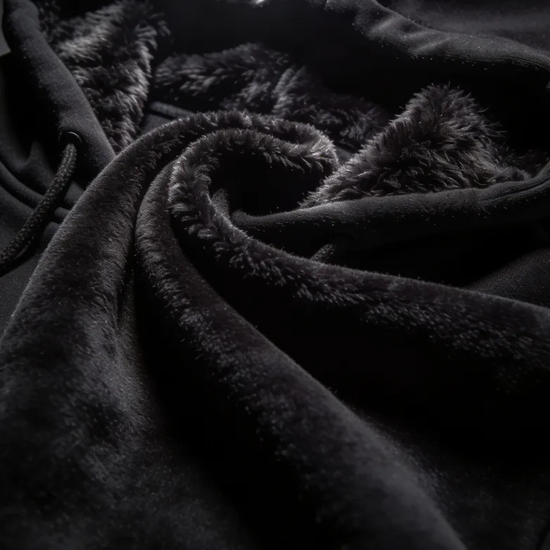 A heavyweight hoodie on an invisible mannequin, with a blank woven neck label and a blank hang tag on a cotton string clearly visible.